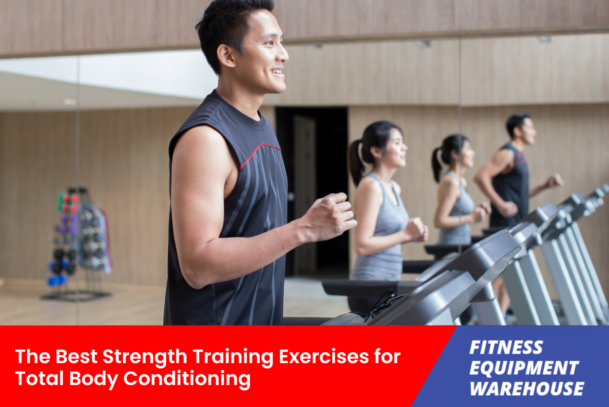 Full-body strength training exercises targeting muscle growth and endurance, featuring gym equipment for optimal conditioning.