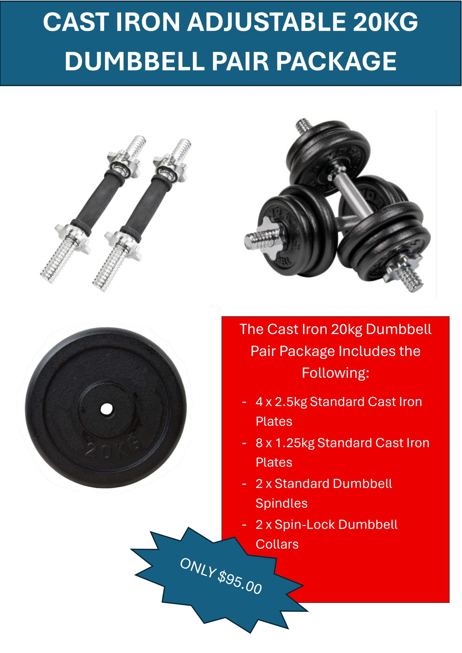 20KG CAST IRON ADJUSTABLE DUMBBELL PAIR PACKAGE *JUST ARRIVED*
