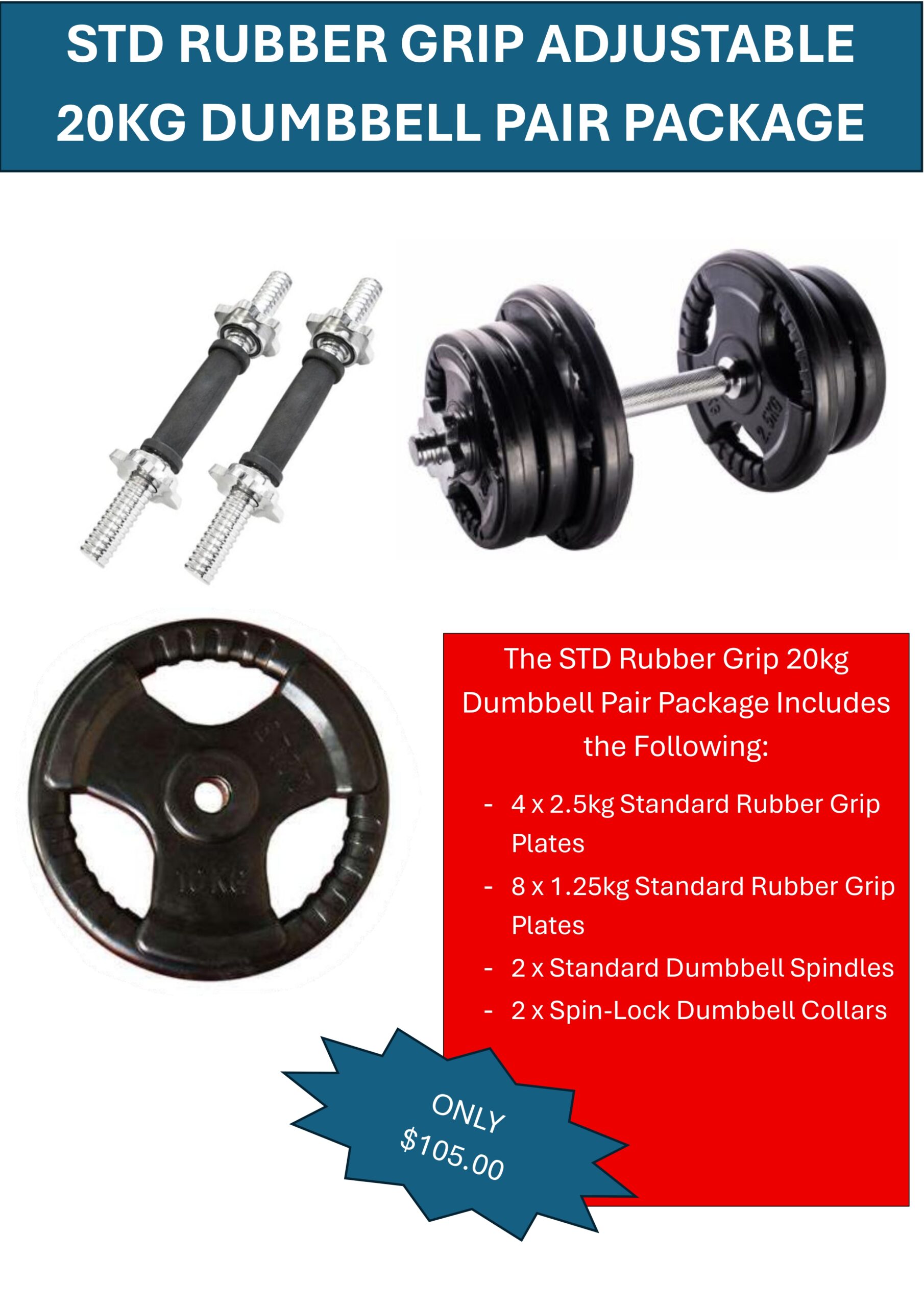 20KG STANDARD RUBBER GRIP ADJUSTABLE DUMBBELL PAIR PACKAGE *JUST ARRIVED*